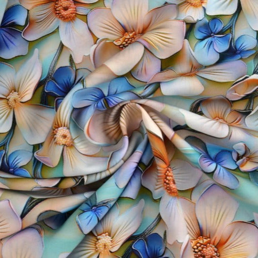 LYSEBLÅT VISKOSE STOF MED HVIDE OG BLÅ BLOMSTER – LET FALD & ELEGANT MAT GLANS