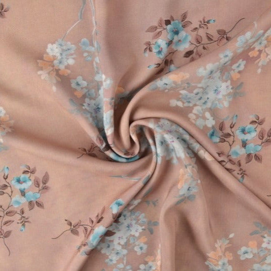 VINTAGE ROSA VISKOSE STOF MED LYSE BLOMSTER – LET FALD & ELEGANT MAT GLANS