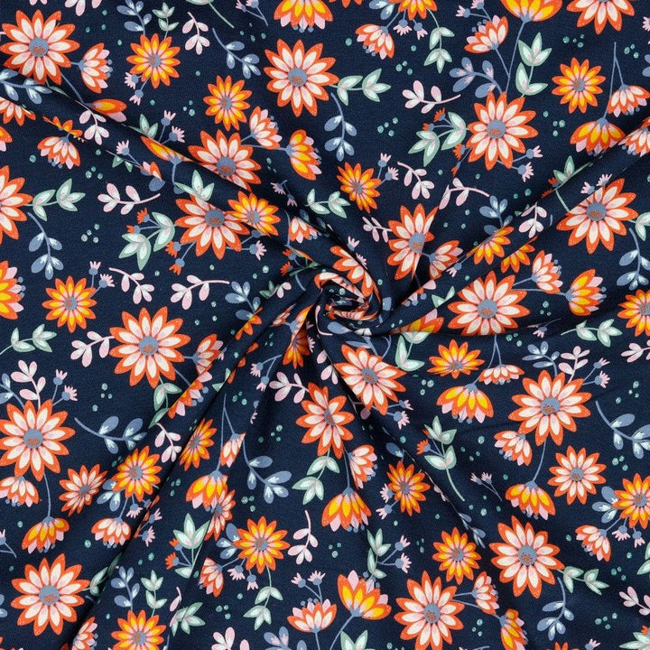 Garn & Metervarer Økologisk Bomuldsjersey Print ØKO BOMULDSJERSEY NAVY MED BLOMSTER